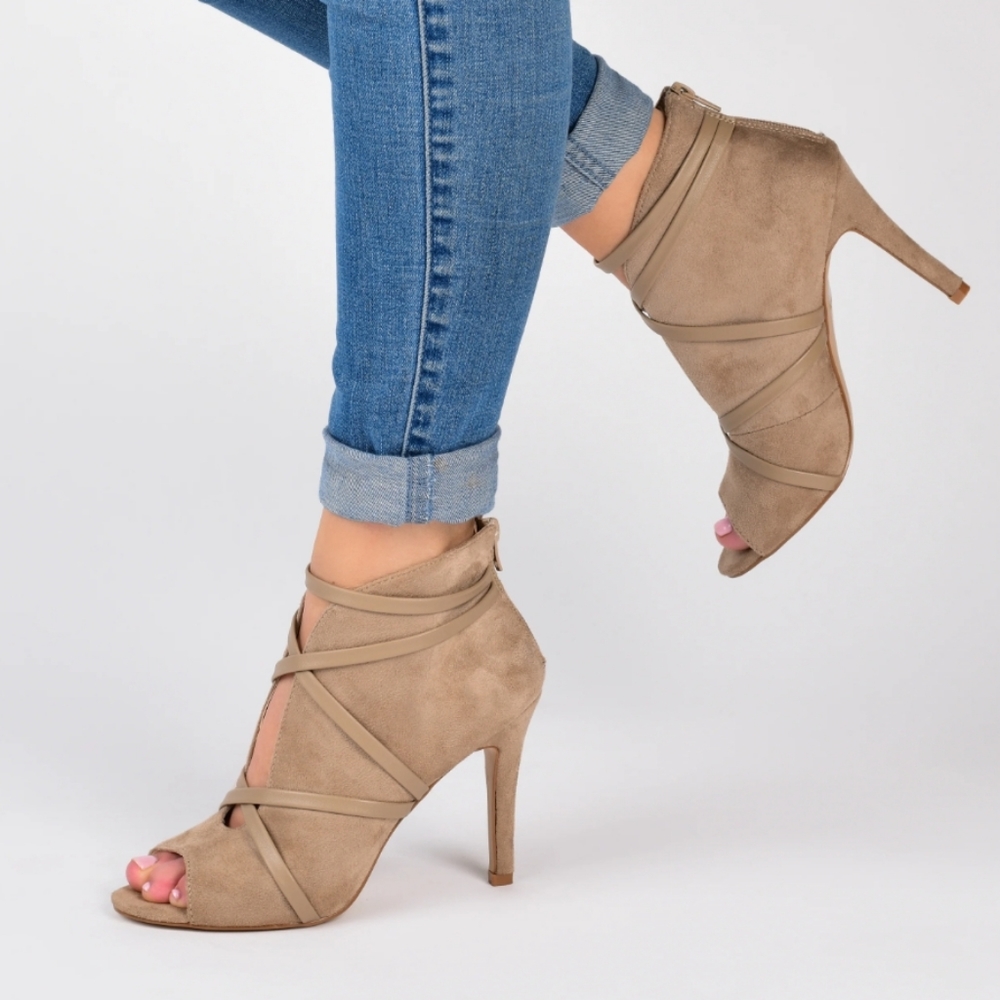 Beige taupe peep toe cross strap v-cut